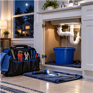 A professional responding to an urgent residential plumbing problem